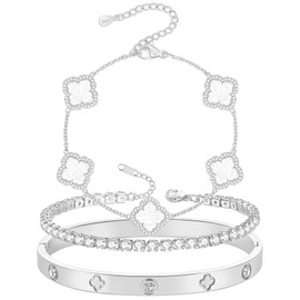 BALTERS Silver Four Leaf Bracelets for Women Silver Plated Lucky 4 Leaf Bracelets for Birthday Mother's Day Valentine's Day Silver Tennis Bracelets Silver Bangle Stackable Bracelets Set