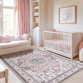 LBRO2M Boho Area Rug 5X7 Washable Rugs for Bedroom Low Piles Indoor Rugs, Non Slip Soft Rug for Living Room, Dining Room, Pink Rug Foldable Pet Friendly Area Rugs Stain Resistant (5'X7' Pink)