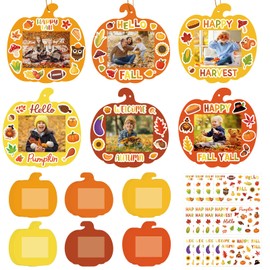 Sereliy 24 PCS Fall Picture Frame Crafts Paper Thanksgiving DIY Photo Frame Crafts Pumpkin Maple Leaf Pine Cone Photo Holder Decor for Thanksgiving Game Activity (Pumpkin)