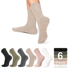 ZANZER Pilates Socks with Grips for Women,Non-Slip Yoga Ballet Barefoot Socks for Workout Anti Skid Athletic Socks (Standard, Grey+Pink+Green+White+Black+Beige)