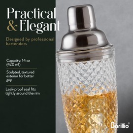 Barillio Glass Cocktail Shaker Set | 14 oz Cobbler Mixer with Bar Tools | Bartender Kit with Measuring Jigger, Mixing Spoon and Muddler | Gift Set