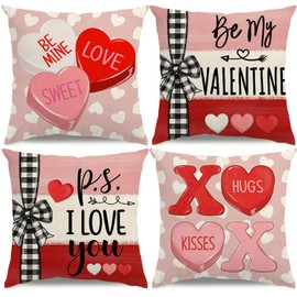 KISVODS Valentine's Day Pillow Covers 18x18 Heart Candy Striped Valentines Day Decorations Be My Valentine Throw Pillow Covers I Love You Wedding Cushion Case for Sofa Couch Set of 4
