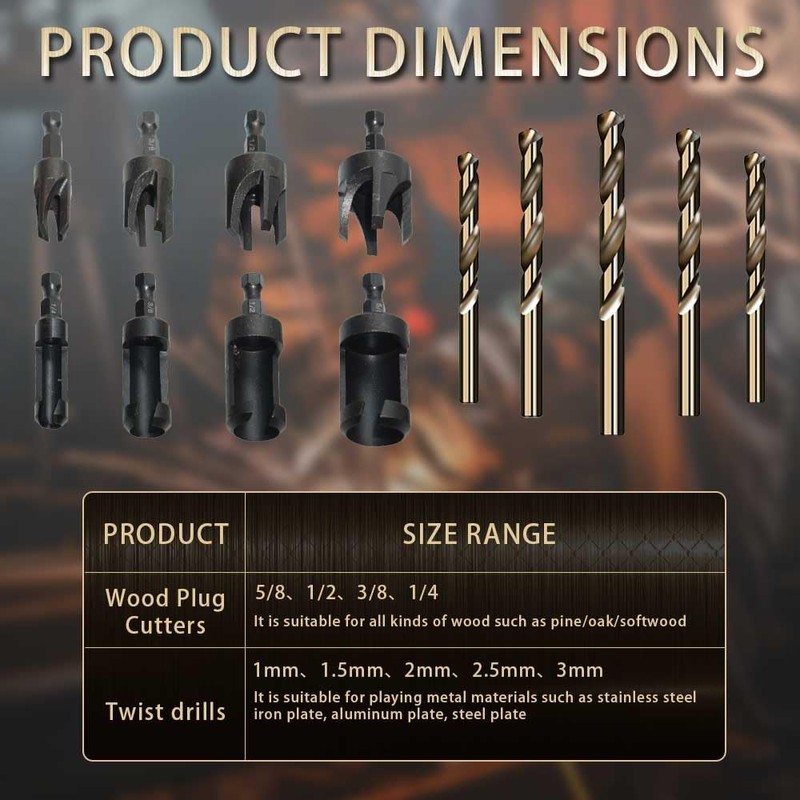 8 Pack Plug Cutters for Woodworking - Straight and Tapered