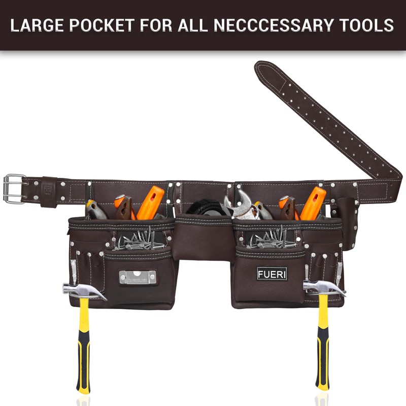 FUERI 11 Pocket Leather Tool Belt fot Men, Comess with