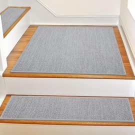 GROWLING Linen Stair Landing Mat for Wooden Steps Indoor 28 * 28 inch, Upgraded Self Adhesive Backing Non Slip Stair-Treads Matching-Mat, Peel and Stick Square Stair Rugs (Light Grey)