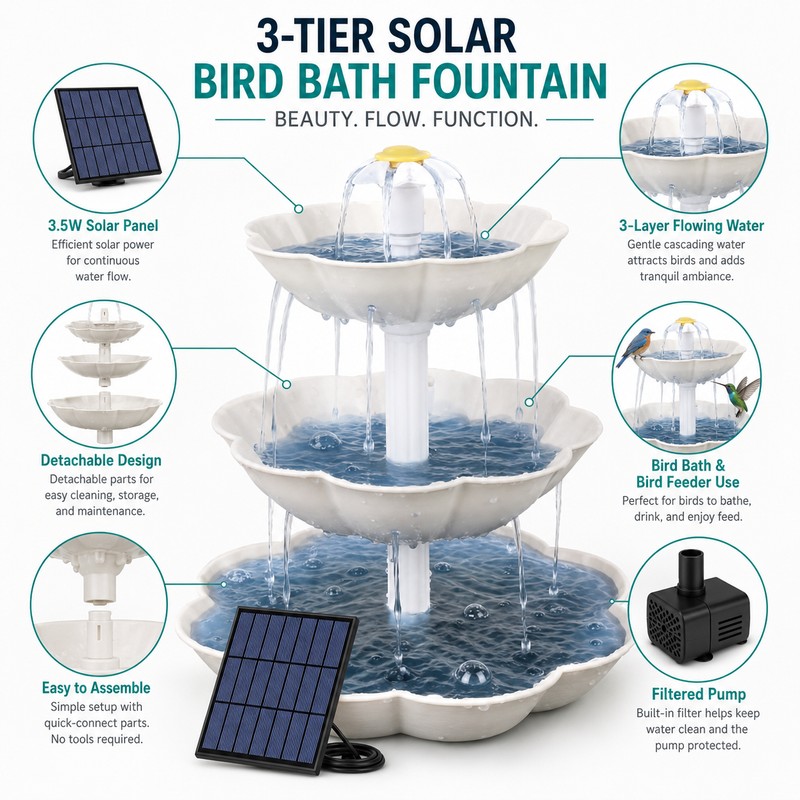 Solar Bird Bath Fountain for Outdoor Décor – 3-Tier Plastic