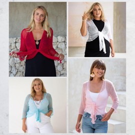 NetSetUK Women’s Fish Net Tie Up Shrug 3/4 Sleeve Fine Knitted Ladies Bolero Shrug Top Jacket Cardigan One Size Red