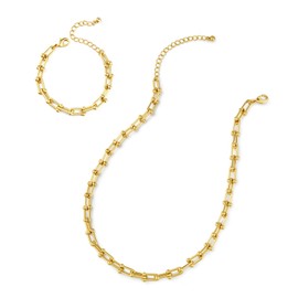 LANE WOODS 14K Gold Plated U-Shaped Paperclip Chain Necklace Bracelet Sets,Bamboo Lock Necklace for Women Men,Chunky Statement Jewelry for Women