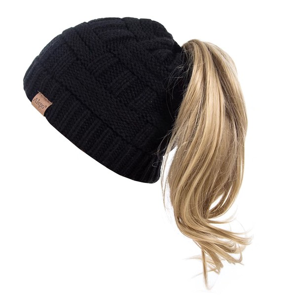 Alepo Womens High Messy Bun Beanie Hat with Ponytail Hole, Winter Warm Trendy Knit Ski Skull Cap (Black)