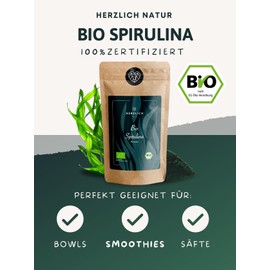 Herzlich Natur Bio Spirulina Pulver 250g | Feinstes Mikroalgen-Spirulina | Perfekte Erg?nzung fr Smoothies, S?fte, Backwaren & mehr | Vegan, laktose- & glutenfrei | Ohne Zusatzstoffe | Herzlich Natur