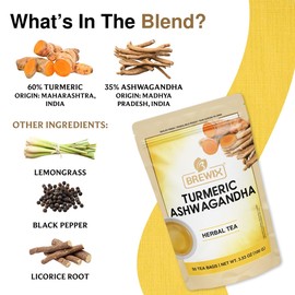 BREWIX, Turmeric Ashwagandha Herbal Tea (50 Pyramid Tea Bags) Adaptogenic Herbs for Stress & Mood Support | Evening Calm & Sleep Support | Real Ingredients From India, Caffeine Free & Naturally Gluten Free