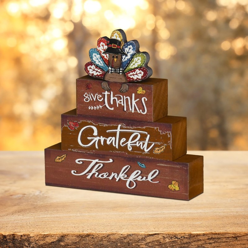 Smile Thanksgiving Decor Indoor Wooden Block Signs, Thankful Grateful Turkey