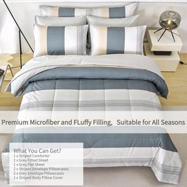 RYNGHIPY Full Size Comforter Set Beige Grey Striped Men Boys Bedding Set Soft All Season Down Alternative Comforter Bedding Sets (Full,Beige Grey)