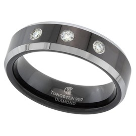 6mm Black Tungsten 900 3 Stone Diamond Wedding Ring 0.11 cttw Two-tone Beveled Edges Comfort fit, size 9