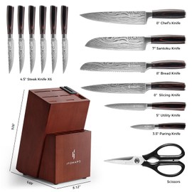 ifomaps 15-Piece Knife Set with Block for Kitchen, with Built-In Sharpener, Stainless Steel Ultra Sharp Blades, Ergonomic Pakkawood Handle, Essentials Chef Knives Set