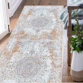 jinchan Runner Rug 3x8 Washable Rug Area Rug Door Mat Vintage Rug Taupe Indoor Entrance Carpet Foldable Thin Rug Traditional Distressed Kitchen Floorcover Floral Print Mat Bedroom Living Room