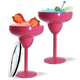CHLJAR 2Pack Stainless Steel Margarita Glasses, Set of 2, 10oz Insulated Martini Glasses with Lid Unbreakable Cocktail Glasses Metal Wine Tumbler Mug, Stay Icy Cold, 2 Cocktail Picks, Dark Pink