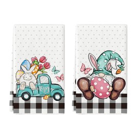 Artoid Mode Buffalo Plaid Gnome Egg Truck Bunny Rabbit Easter Kitchen Towels Dish Towels, 18x26 Inch Seasonal Spring Decoration Hand Towels Set of 2