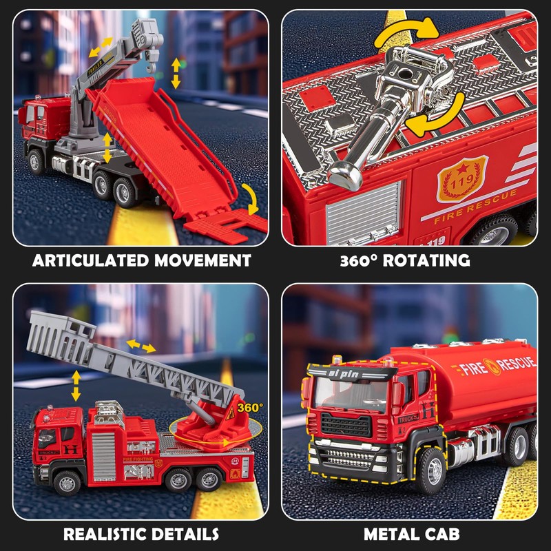 TAKGUD 4 Packs Metal Fire Trucks Playsets, Mini Friction Powered