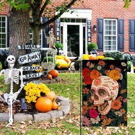 ZAEW Dia De Los Muertos Garden Flag Sugar Skull Marigolds Floral Day of The Dead Yard Flag 12x18 Inch Double Sided Small Mini Yard Outdoor Outside Holiday Party Decoration