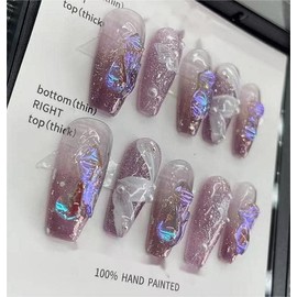 Nail Apparel Long Coffin Press on Nails-Luxury Reusable UV Finish Manicure (Medium (Pack of 10), purple Butterfly Crystal)