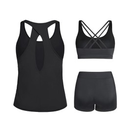 Tempt Me 3 Piece Tankini Swimsuits for Women Athletic Bathing Suits Swim Tank Top with Boy Shorts and Bra Modest Swimwear, Black, X-Large