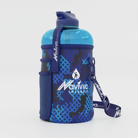 NAVIVVA SPLENDID Large 2L Water Bottle with Insulating Neoprene Cover and Straw Lid - BPA-Free, Dishwasher Safe, Portable, Eco-friendly with Carry Handle – Huge 2.2 Litre Capacity. (Blue Glowing)