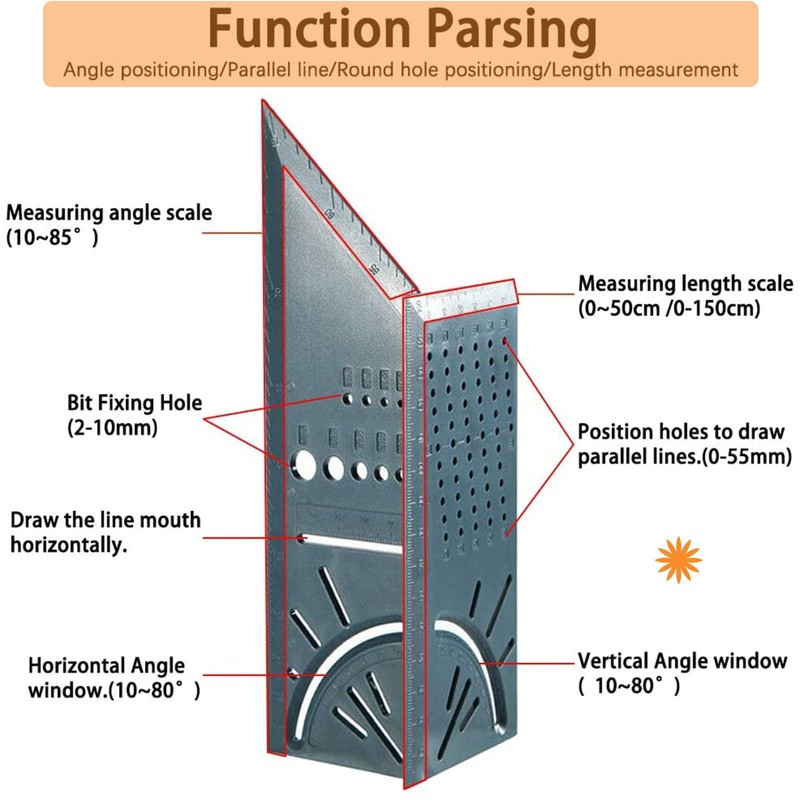 Woodworking Square Size Measure Ruler - 3D Mitre Angle Measuring