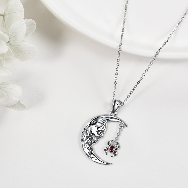 MONGAS Skull Necklace Sterling Silver Skull Moon Pendant Gothic Jewelry