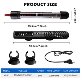 Vegena Aquarium Heater 50 W, Aquarium Heating Rod, Aquarium Heater, Adjustable Temperature Aquarium Heater for Fish Tanks and Aquarium with 2 Sections, Protective Cover