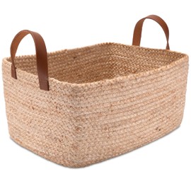 Decorasian Baskets for Shelf with Leather Handle - Jute Shelf Basket - Stylish Storage Basket for Bathroom, Children's Room & Bedroom - Size L