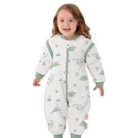 LAT Baby Sleeping Bag with Feet Removable Sleeves,2.5 TOG 100% Cotton Toddler Sleeping Bag with Legs,3-way Zipper Winter Wearable Blanket(Green Dinosaur,L)