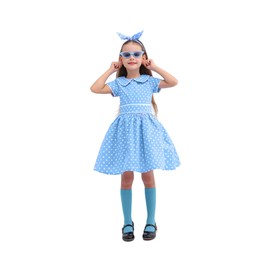 Leadtex - Vestido clásico de los años 50 Audrey con lunares, vestido de fiesta retro de los años 50 para niñas con anteojos, calcetines y diadema., Azul, 5-6 Años