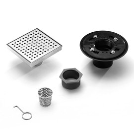 HEATGENE 6-Inches Square Shower Drain with Flat Cover, Stainless Steel Shower Floor Drain with Removable Square Pattern Grate, Floor Shower Drain with Hair Strainer, Brushed