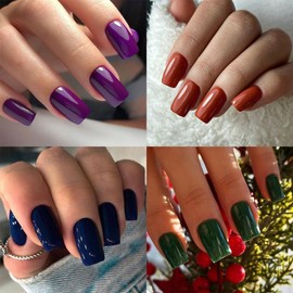 4 Packs (96Pcs) Short Square Press on Nails 4 Solid Colors Glossy Fake Nails Deep Color Acrylic Full Cover False Nails Reusable Glue on Nails with Adhesive Tabs Nail File 12 Sizes for Women