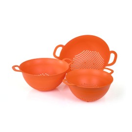 Mintra Home Plastic Strainer Colanders Set: 3, 3.5 and 5 Quart (Orange) Double Strong Handles and Deep Bowl, Safe BPA-Free - Use for Pasta, Noodles, Spaghetti, Vegetables (Assorted Sizes 3pk)