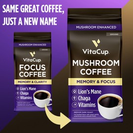 VitaCup Focus Mushroom Coffee Grounds, with Lions Mane, Chaga, B Vitamins, D3, Boost Focus, Immunity, Memory & Clarity, Medium Dark Roast, Bold & Smooth 100% Arabica Specialty, 10 Oz