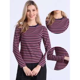 Allegra K Striped t Shirts for Women Long Sleeve Tops Crew Neck Fitted Tees Casual Trendy Outfits Small Pink Stripe