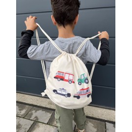 HECKBO Children's Gym Bag Boys - Fire Brigade, Tractor, Ambulance, Police (Black or Beige) - Printed on Both Sides - 40 x 32 cm - Nursery, Travel, Sports - Backpack Bag, Auto white