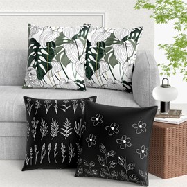 Gukeniu Throw Pillow Covers, 18x18 Inch Cotton Linen Pillow Cases Pack of 4, Decorative Bed Case for Couch Bedroom Sofa Living Room Patio, Farmhouse Modern Home Decor, Tropical Plant