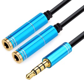 NANYI 3.5mm 4 Pin Female to 2x3.5mm 3 Pin Male Headphone Converter Head Audio Splitter Adapter Cable, (Bule-1Male-2Female)