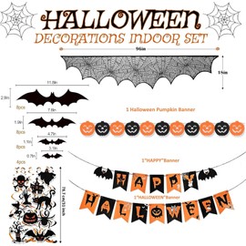 Halloween Decorations Indoor Set - Happy Halloween Banner, Fireplace Mantel Scarf, 28 Pcs 3D Bat Stickers, Pumpkin Bat Hanging Swirl for Reusable halloween Indoor Decorations Kit