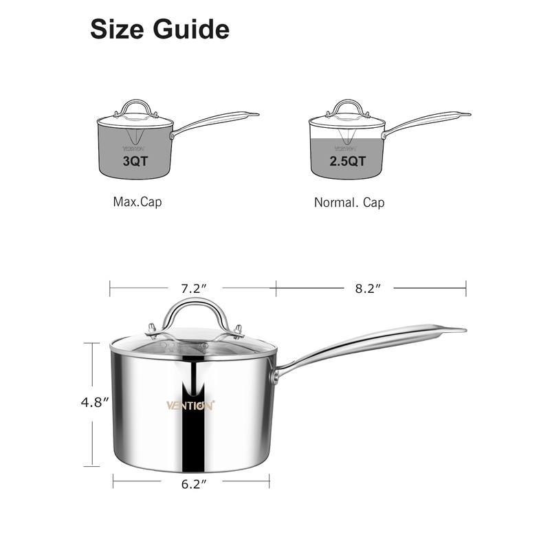 VENTION Tri-Ply Stainless Steel Saucepan with Glass Strainer Lid, 3