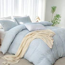 LIFETOWN Striped Duvet Cover Set 100% Washed Cotton Linen Feel Natural Wrinkles Lightweight Comfy (Full, Cornflower Blue White Stripes)