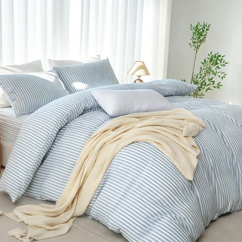 LIFETOWN Striped Duvet Cover Set 100% Washed Cotton Linen Feel
