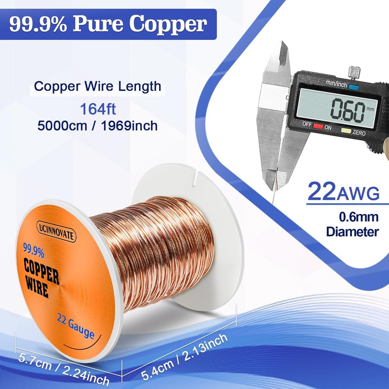 22 Gauge Solid Pure Copper Wire – 0.6mm Diameter, 50m
