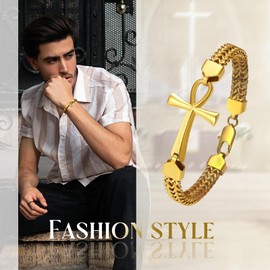 Flongo Mens Ankh Cross Bracelet: Franco Chain Stainless Steel Jewellery Gifts for Valentine's Day Anniversary Christmas