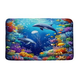 Underwater World Bath Mat Ocean Animal Dolphin Iellyfish Tropical Fish Coral Sea Blue Bathroom Kitchen Memory Foam Rug,18x30 Inch