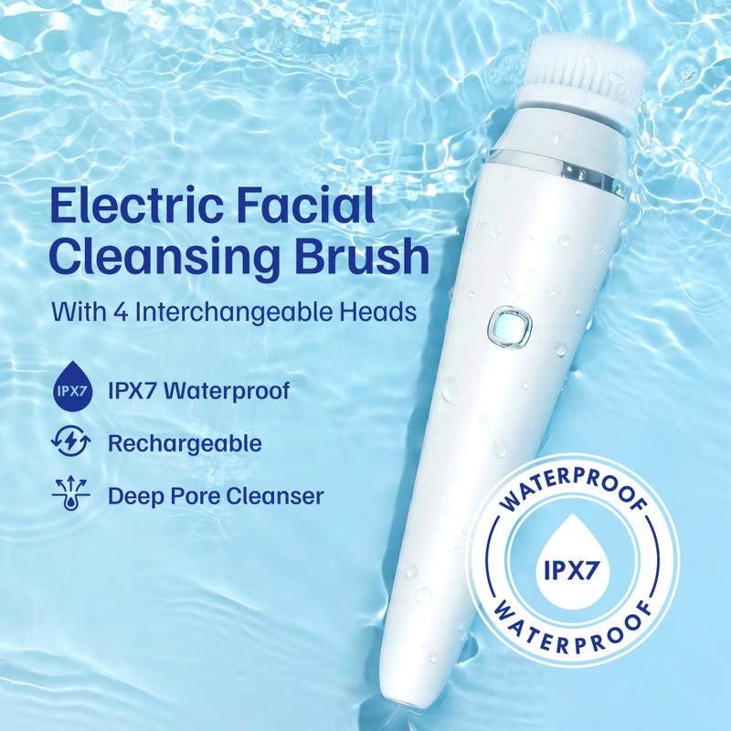 Electric Facial Cleansing Brush with 4 Interchangeable Heads, Rechargeable Face