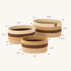LA JOLIE MUSE Rope Storage Baskets for Organizing, Small Cotton Woven Basket for Bathroom Shelf Nursery, Decorative Basket Organizer Bins Set of 3, White & Brown